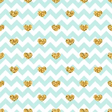 Gold heart seamless pattern. Blue-white geometric zig zag, golden confetti-he Stock Illustration