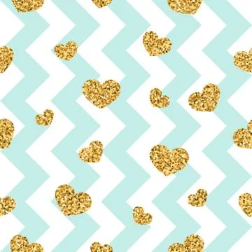 Gold heart seamless pattern. Blue-white geometric zig zag, golden confetti-he Stock Illustration