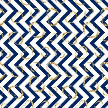 Gold heart seamless pattern. Blue-white geometric zig zag, golden grunge conf イラスト素材