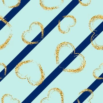 Gold heart seamless pattern. Blue geometric stripes, golden grunge confetti-h Stock Illustration