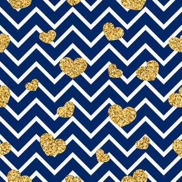 Gold heart seamless pattern. Blue-white geometric zig zag, golden confetti-he Illustrazione stock