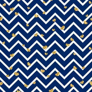 Gold heart seamless pattern. Blue-white geometric zig zag, golden confetti-he Stock Illustration
