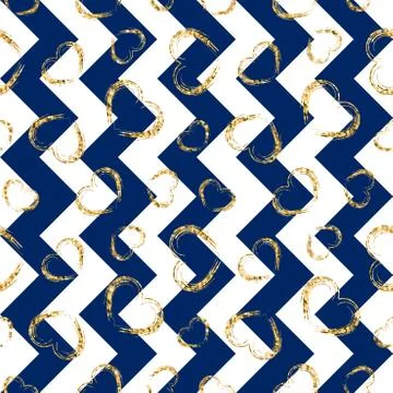 Gold heart seamless pattern. Blue-white geometric zig zag, golden grunge conf Illustrazione stock
