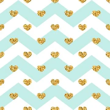 Gold heart seamless pattern. Blue-white geometric zig zag, golden confetti-he Stock Illustration