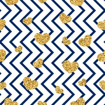 Gold heart seamless pattern. Blue-white geometric zig zag, golden confetti-he Stock Illustration