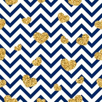 Gold heart seamless pattern. Blue-white geometric zig zag, golden confetti-he 스톡 일러스트