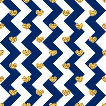 Gold heart seamless pattern. Blue-white geometric zig zag, golden confetti-he Stock Illustration