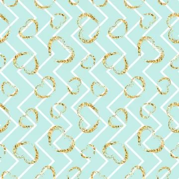 Gold heart seamless pattern. Blue-white geometric zig zag, golden grunge conf 스톡 일러스트