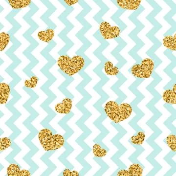 Gold heart seamless pattern. Blue-white geometric zig zag, golden confetti-he Stock Illustration