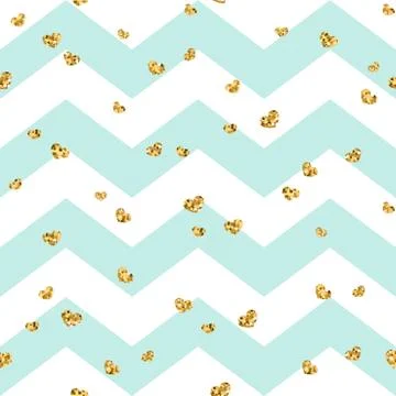 Gold heart seamless pattern. Blue-white geometric zig zag, golden confetti-he 스톡 일러스트