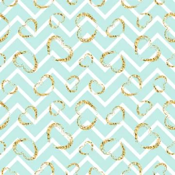 Gold heart seamless pattern. Blue-white geometric zig zag, golden grunge conf 스톡 일러스트