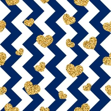 Gold heart seamless pattern. Blue-white geometric zig zag, golden confetti-he Stock Illustration