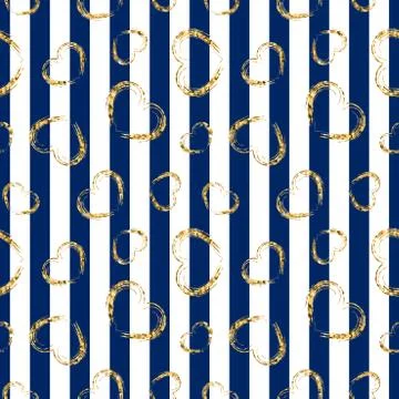 Gold heart seamless pattern. Blue-white geometric stripes, golden grunge conf Stock Illustration