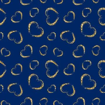 Gold heart seamless pattern. Blue color, golden grunge confetti-hearts. Symbo Stock Illustration