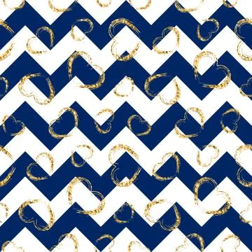 Gold heart seamless pattern. Blue-white geometric zig zag, golden grunge conf Illustrazione stock