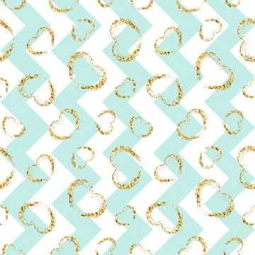 Gold heart seamless pattern. Blue-white geometric zig zag, golden grunge conf Illustrazione stock