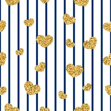 Gold heart seamless pattern. Blue-white geometric stripes, golden confetti-he Illustrazione stock