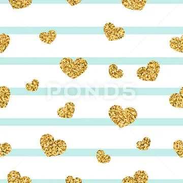 Gold heart seamless pattern. Blue-white geometric stripes, golden confetti-he Stock Illustration