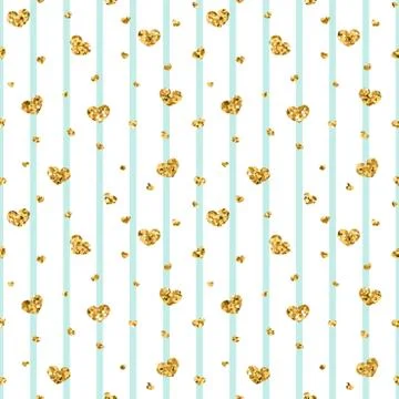 Gold heart seamless pattern. Blue-white geometric stripes, golden confetti-he Stock Illustration