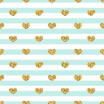Gold heart seamless pattern. Blue-white geometric stripes, golden confetti-he Illustrazione stock