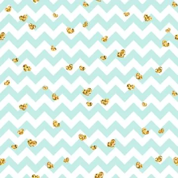 Gold heart seamless pattern. Blue-white geometric zig zag, golden confetti-he イラスト素材