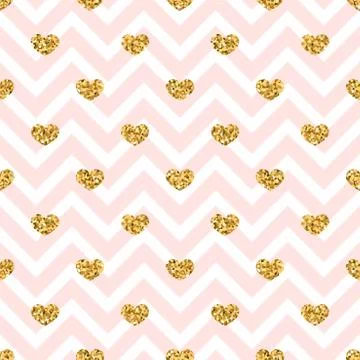 Gold heart seamless pattern. Pink-white geometric zig zag, golden confetti-he 스톡 일러스트