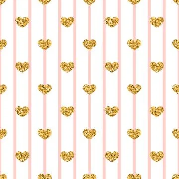 Gold heart seamless pattern. Pink-white geometric stripes, golden confetti-he Stock Illustration