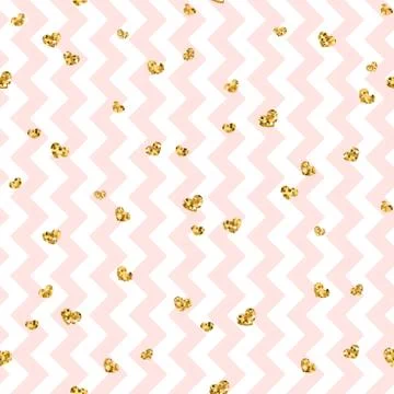Gold heart seamless pattern. Pink-white geometric zig zag, golden confetti-he Illustrazione stock