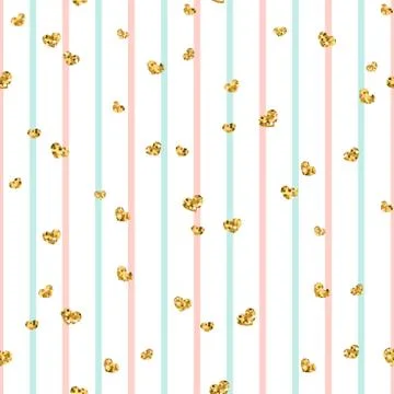 Gold heart seamless pattern. Pink-blue-white geometric stripes, golden confet Stock Illustration