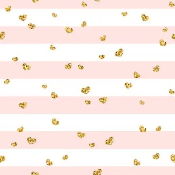 Gold heart seamless pattern. Pink-white geometric stripes, golden confetti-he Stock Illustration