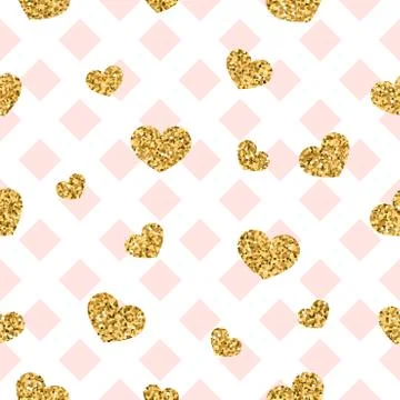 Gold heart seamless pattern. Pink-white geometric decoration, golden confetti Stock Illustration
