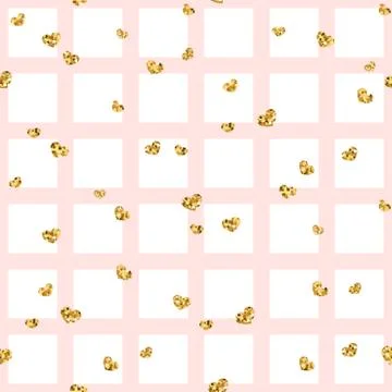 Gold heart seamless pattern. Pink-white geometric square, golden confetti-hea Stock Illustration