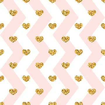 Gold heart seamless pattern. Pink-white geometric zig zag, golden confetti-he Stock Illustration