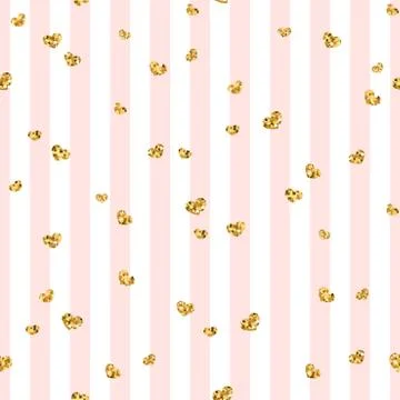 Gold heart seamless pattern. Pink-white geometric stripes, golden confetti-he Stock Illustration