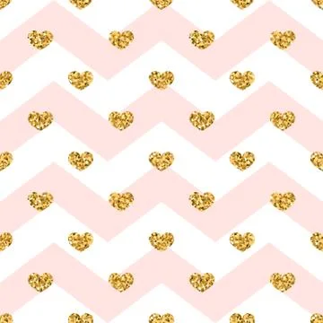Gold heart seamless pattern. Pink-white geometric zig zag, golden confetti-he Stock Illustration