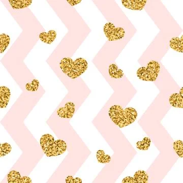 Gold heart seamless pattern. Pink-white geometric zig zag, golden confetti-he イラスト素材