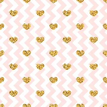 Gold heart seamless pattern. Pink-white geometric zig zag, golden confetti-he Stock Illustration