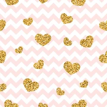 Gold heart seamless pattern. Pink-white geometric zig zag, golden confetti-he Stock Illustration