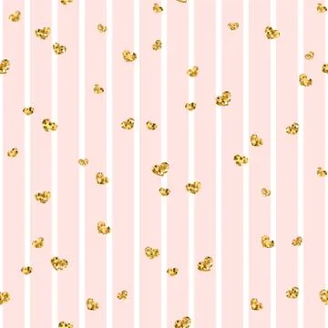 Gold heart seamless pattern. Pink-white geometric stripes, golden confetti-he Stock Illustration
