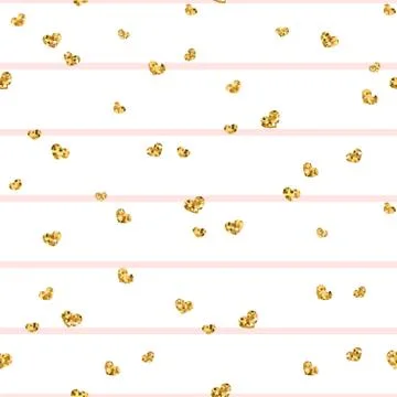 Gold heart seamless pattern. Pink-white geometric stripes, golden confetti-he Stock Illustration