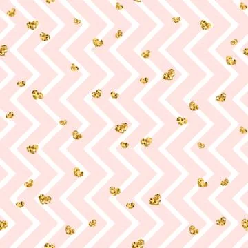 Gold heart seamless pattern. Pink-white geometric zig zag, golden confetti-he Stock Illustration