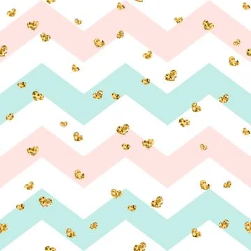 Gold heart seamless pattern. Pink-blue-white geometric zig zag, golden confet Stock Illustration