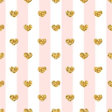 Gold heart seamless pattern. Pink-white geometric stripes, golden confetti-he Stock Illustration