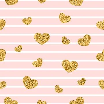 Gold heart seamless pattern. Pink-white geometric stripes, golden confetti-he Stock Illustration