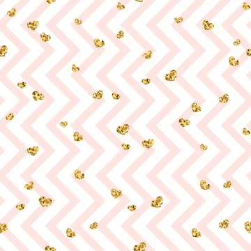Gold heart seamless pattern. Pink-white geometric zig zag, golden confetti-he 스톡 일러스트