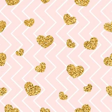 Gold heart seamless pattern. Pink-white geometric zig zag, golden confetti-he イラスト素材