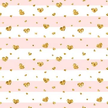 Gold heart seamless pattern. Pink-white geometric stripes, golden confetti-he Stock Illustration