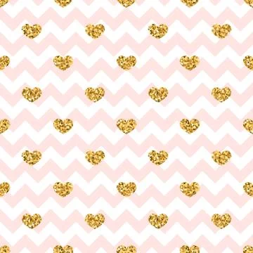 Gold heart seamless pattern. Pink-white geometric zig zag, golden confetti-he Stock Illustration