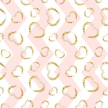 Gold heart seamless pattern. Pink-white geometric zig zag, golden grunge conf イラスト素材