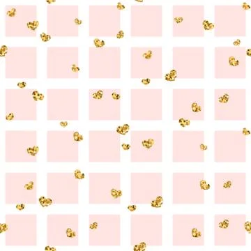 Gold heart seamless pattern. Pink-white geometric square, golden confetti-hea Stock Illustration